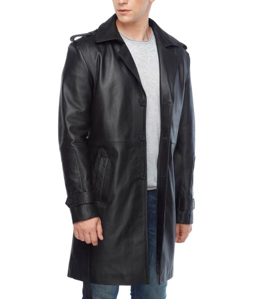 Silent Night Godlock Black Leather Jacket - 3/4 Length Car Coat with Waist Belt
