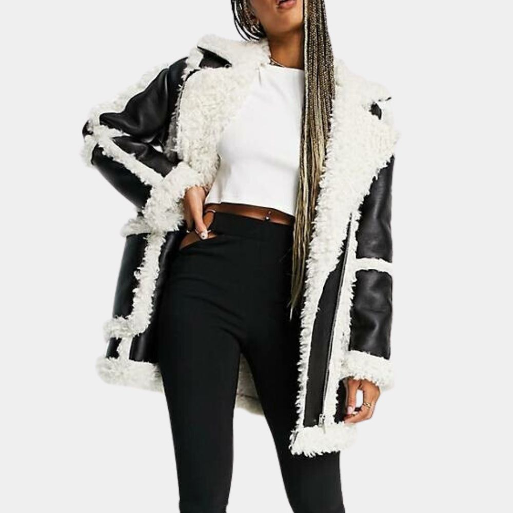 Helen's Dead Matilda Anna Ingrid Lutz Faux Shearling Midl Length Black Leather Jacket Front View