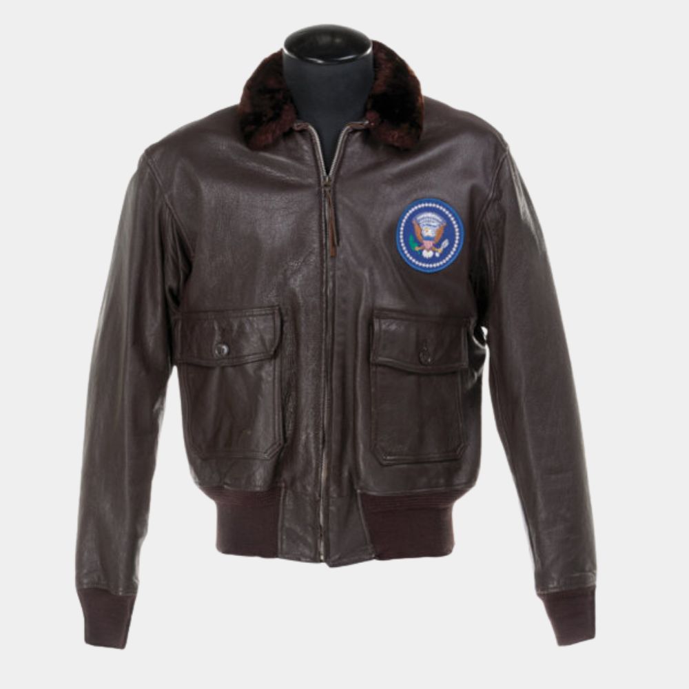 John F. Kennedy Iconic Presidential Leather G-1 Bomber Jacket - U.S Navy Brown Leather Flight jacket - Front View