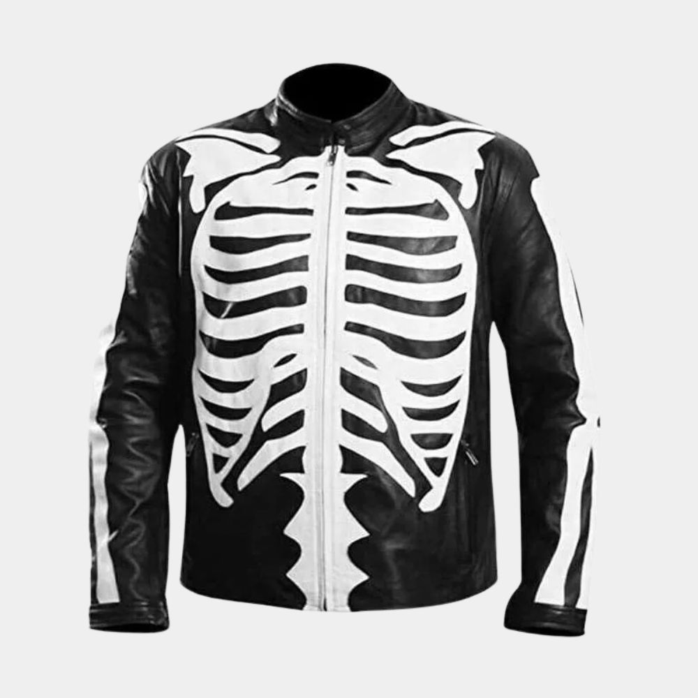 Men's Skeleton Bones on Front and Back Black Leather Jacket - Front View