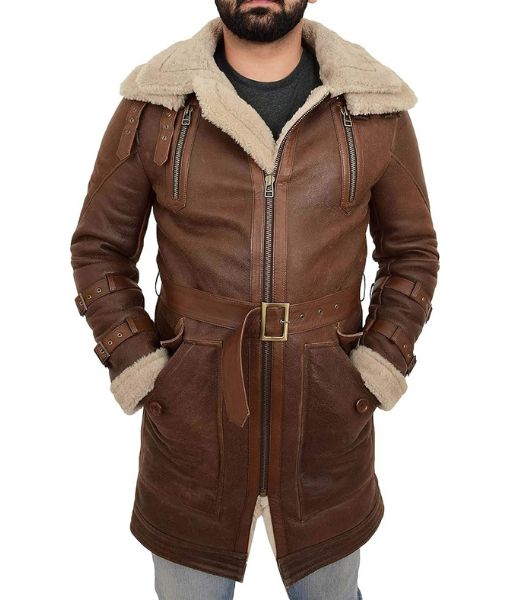 Mens Zolo Parka Style 3/4 Long Brown Jacket - Brown Real Leather Duffle Coat with Faux Shearling 