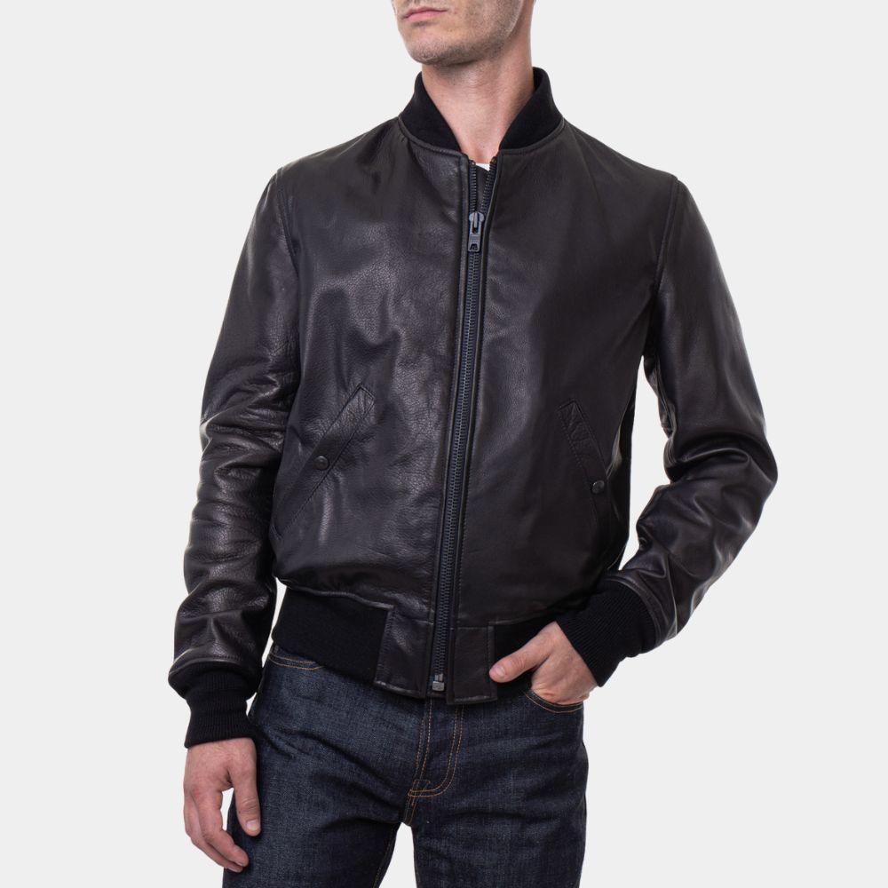 Bookie Danny (Sebastian Maniscalco) Black Leather Bomber Jacket - Front View