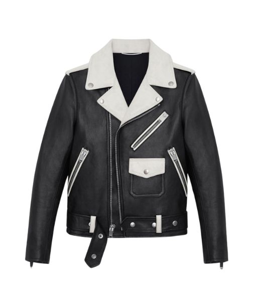 Men's MotoCross Black and White Leather Biker Jacket
