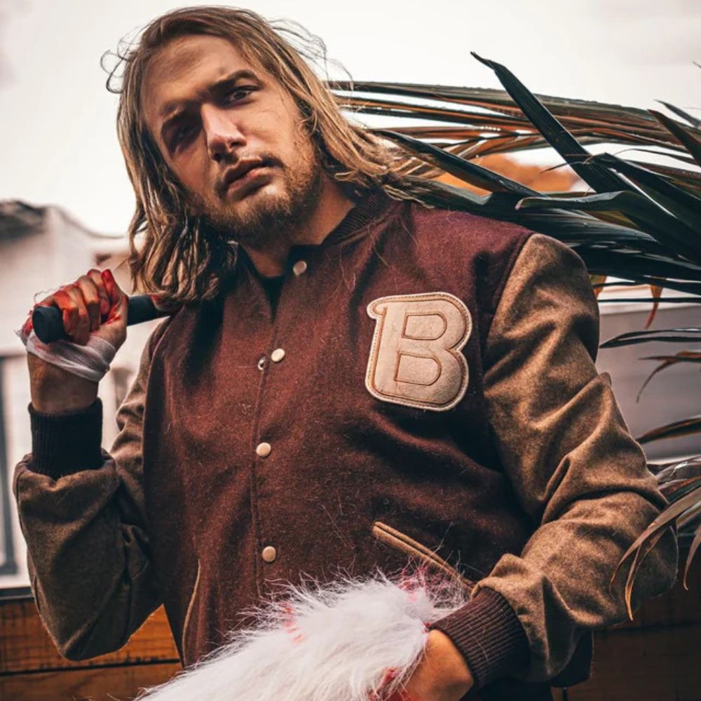 Hotline Miami Jacket's Brown Letterman Jacket - Lightweight Varsity Bomber Jacket - Front View