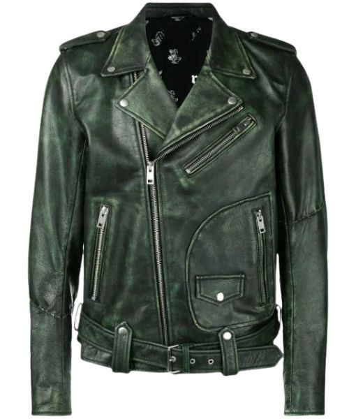 Jon Moxley AEW Leather Jacket - Green Waxed Leather Biker Jacket 