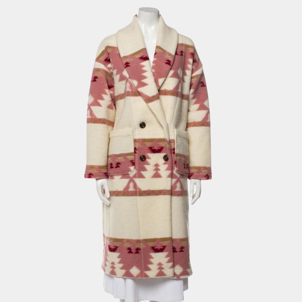 Beth Dutton Pink Printed Aztec Coat in Wool Blend - Yellowstone S05 Bohemian Native Indian Design Coat - Front View