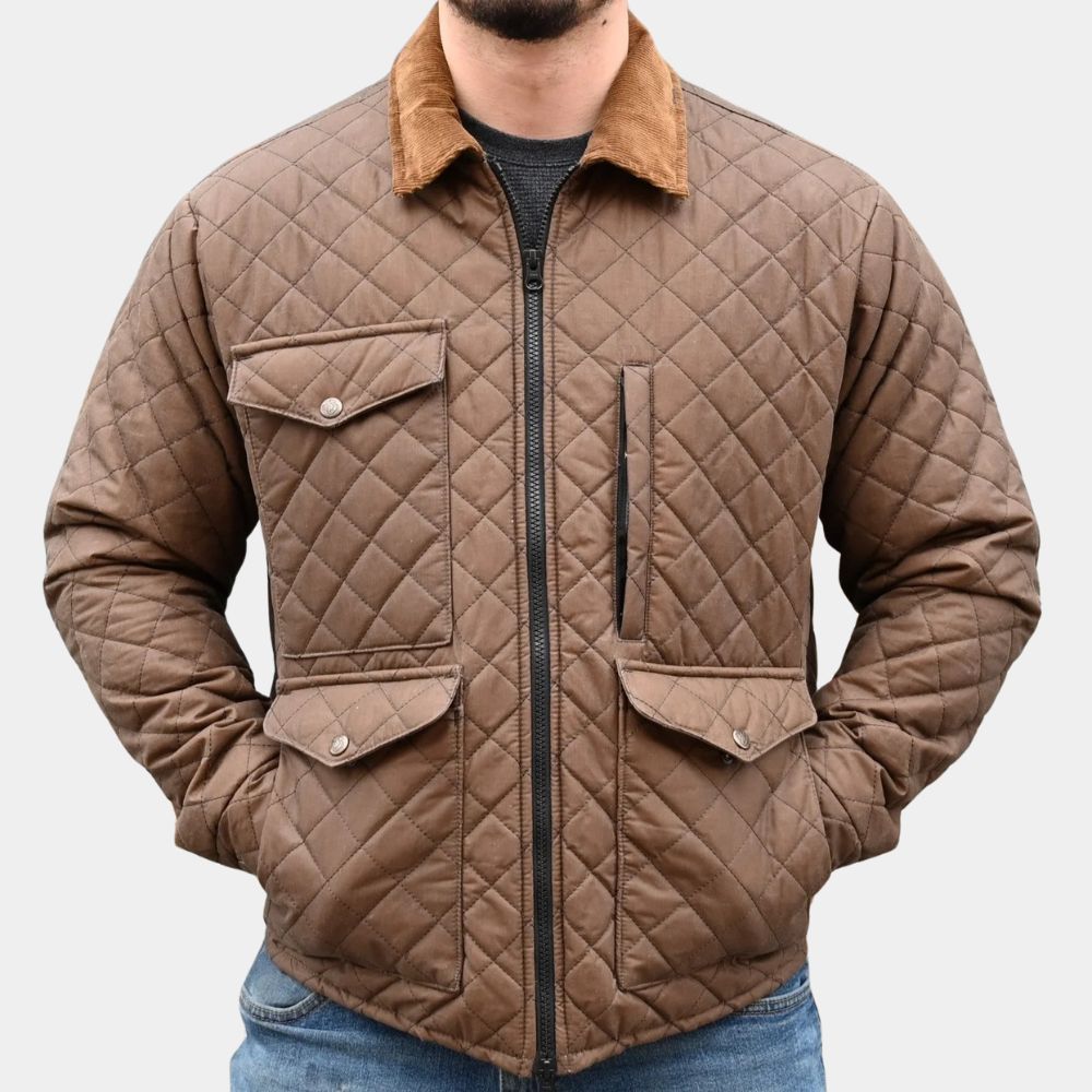 Yellowstone Season 04 John Dutton Quilted Jacket - Cowboy Ranch Brown Cotton Fabric Jacket - Front View