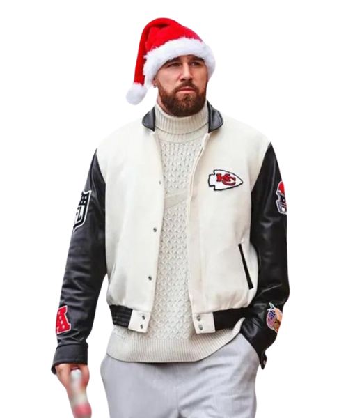 kansas city travis kelce chiefs black and white varsity jacket