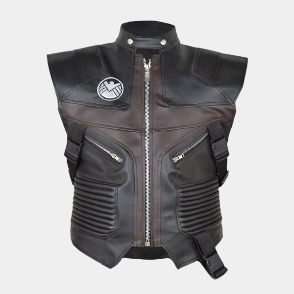 AVENGERS Hawkeye Leather Vest in Maroon and Black Real Leather - Worn in The Avengers & Age of the Ultron - Front View
