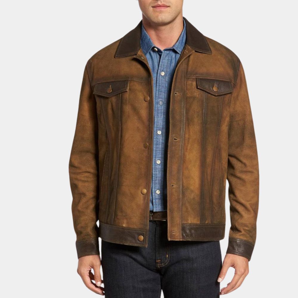 Hit Man Gary Johnson Jacket | Glen Powell Brown Suede Leather Trucker Style Jacket - Front View