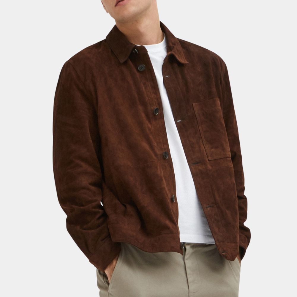 Men's TOTE Brown Suede Leather Trucker Style Jacket - Front View