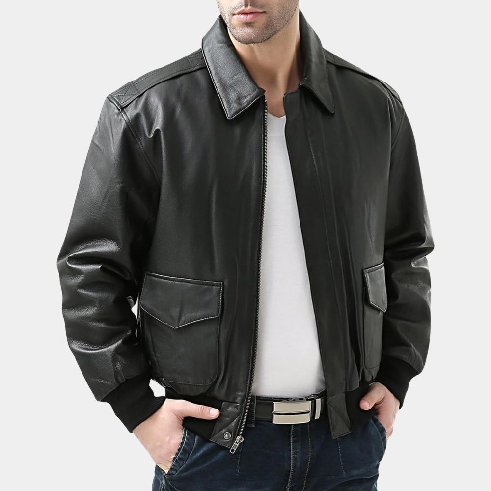 Mafia Wars Terry aka Tom Welling Black A-2 Flight Leather Bomber Jacket - Front View