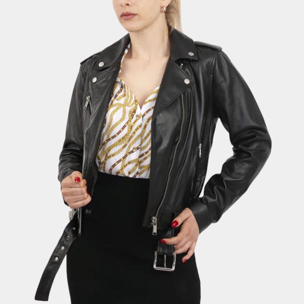 Jessica Jones Black Leather Biker Jacket from The Defenders aka Krysten Ritter Classic Motorcycle Jacket - Front View