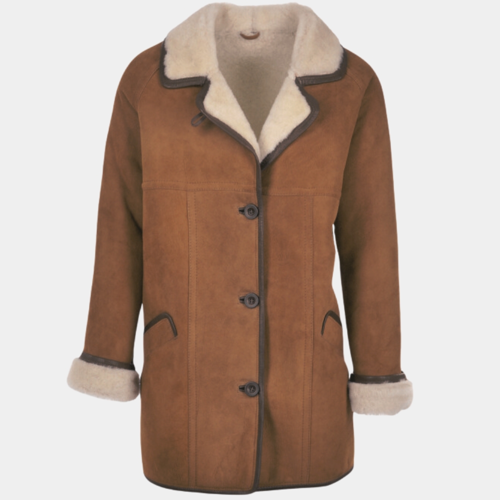 We Live in Time Florence Pugh Shearling Jacket aka Almut Shearling Brown Suede Leather Jacket - Front View