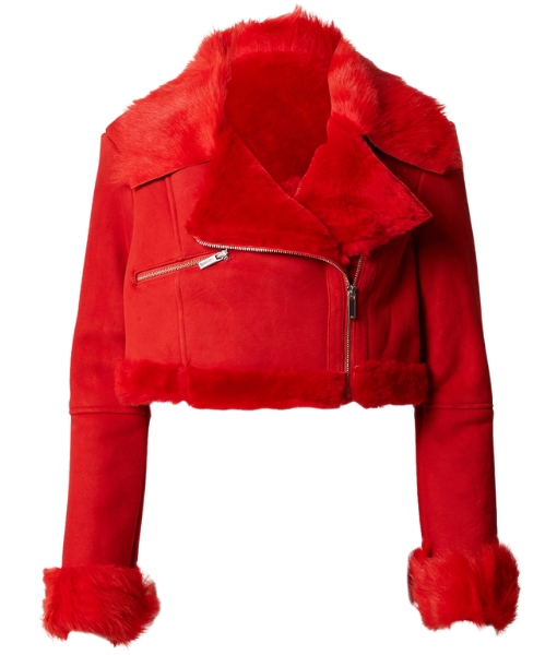 Women's Anatalia Red Faux Fur Cropped Biker Jacket in Suede Leather
