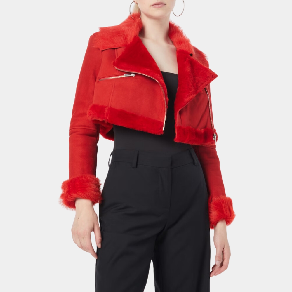 Anatalia Red Fur Cropped Leather Jacket