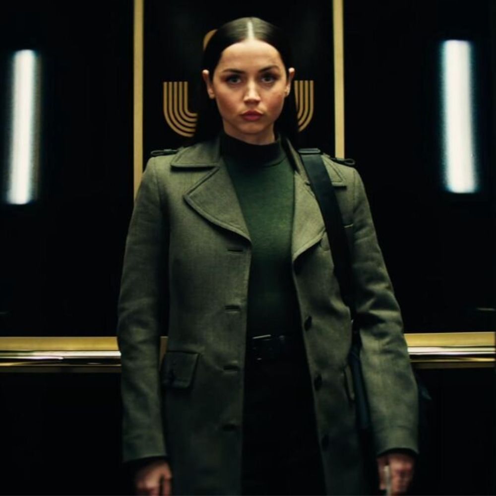 Ballerina Eve aka Ana De Armas Light Olive Green Trench Coat - Front View