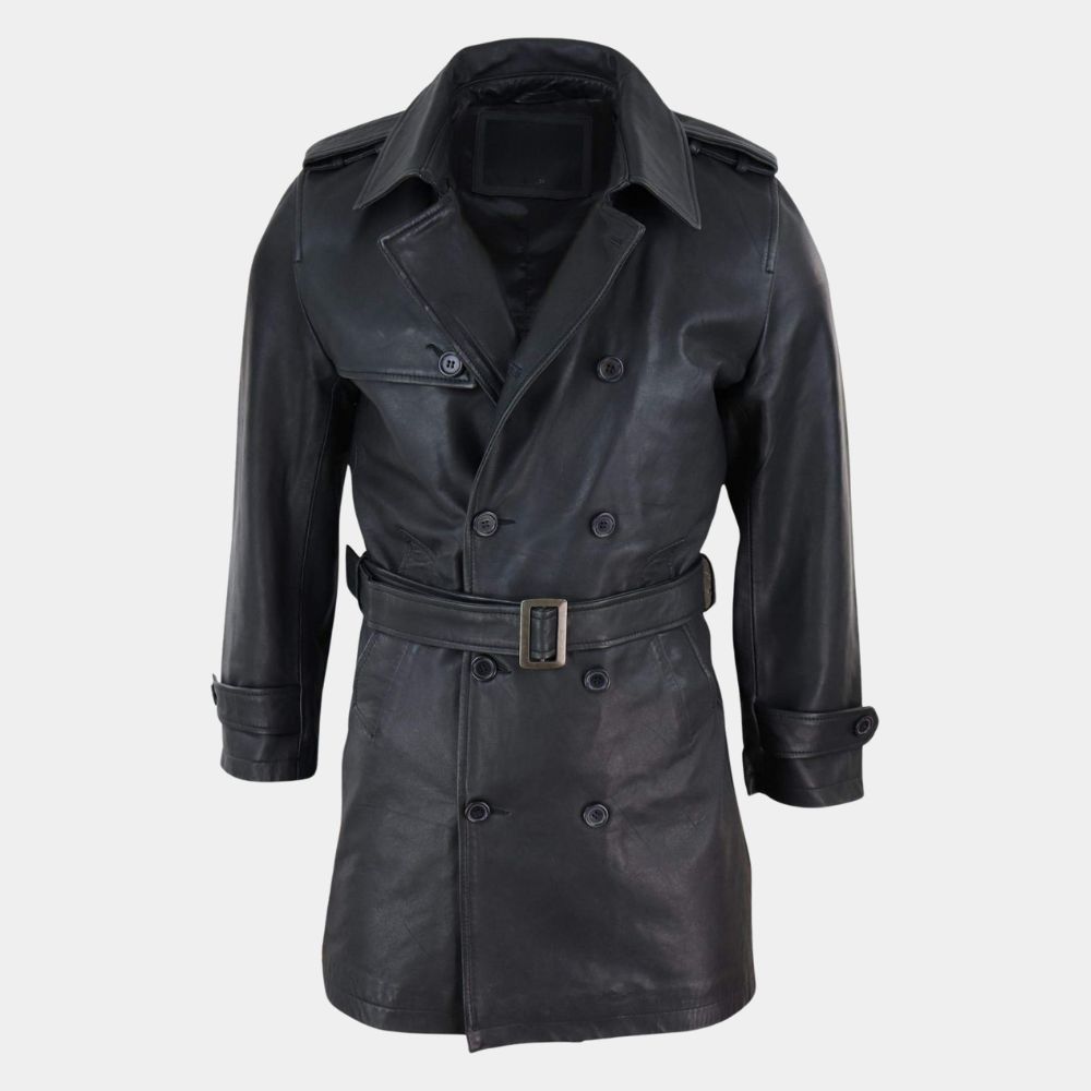 In the Hand of Dante Gerard Butler 3/4 Length Black Leather Jacket - Front View