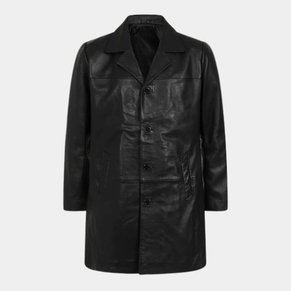 SE7EN Mills Black Leather Jacket aka Brad Pitt 3/4 Length Car Coat - Front View