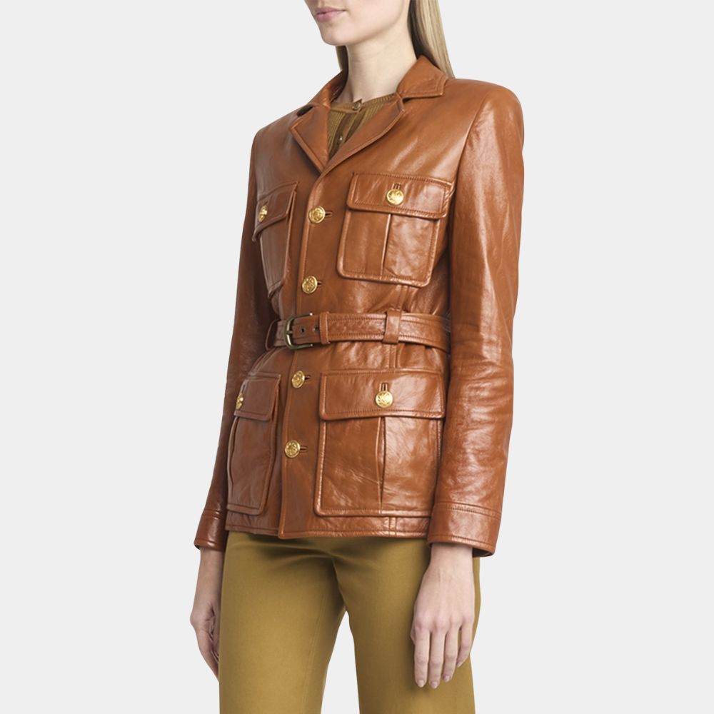Black Bag Kathryn Leather Jacket | Cate Blanchett Tan Brown Military Style Leather Jacket - Front View