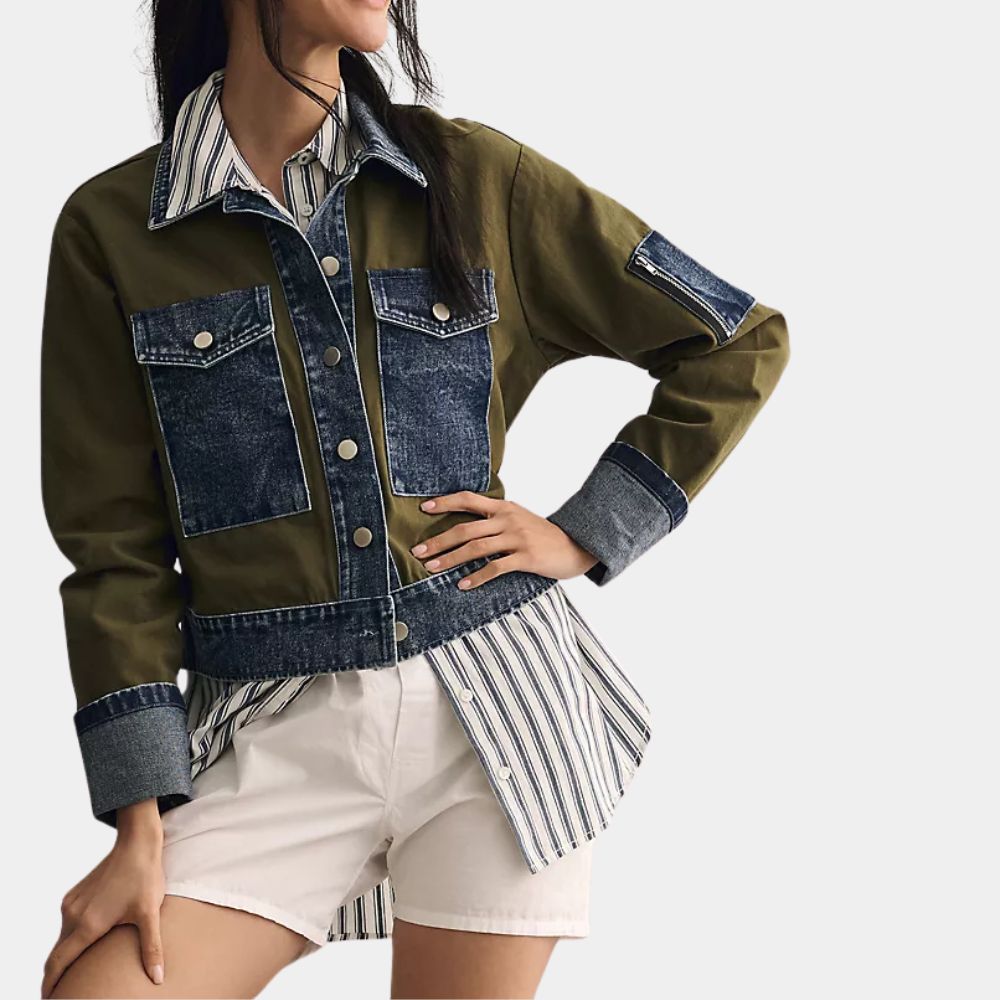 Final Destination: Bloodlines Stefani Lewis Green & Blue Colorblock Jacket | Kaitlyn Santa Juana Jacket - Front View