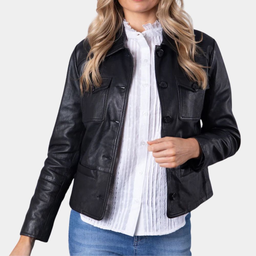 The Life List Alex aka Sofia Carson Black Leather Jacket - Front View