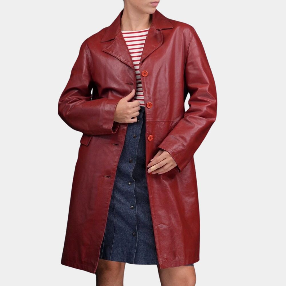 The Vampire Slayer Buffy Summers (Sarah Michelle Gellar) Red Leather Trench Coat - Front View
