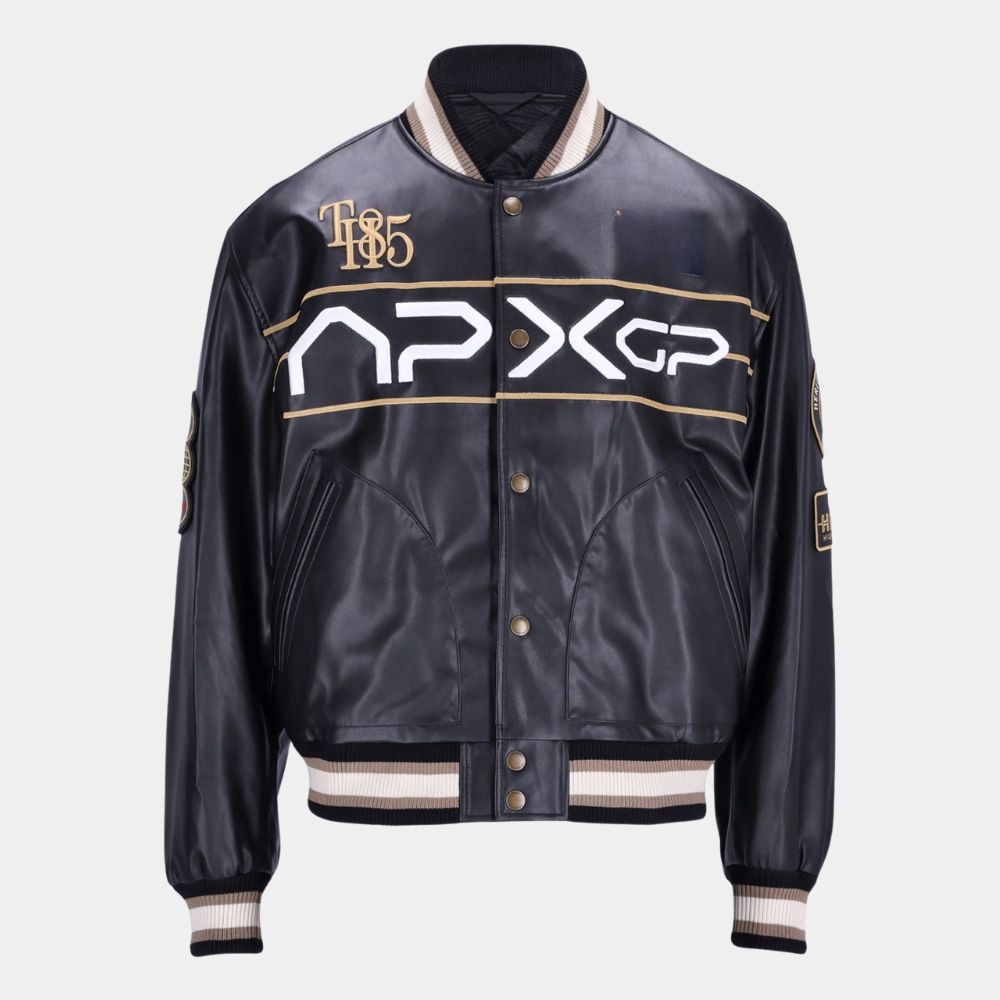 F1 APXgp Damson Idris Racing Varsity Leather Jacket in Black Color - Front View