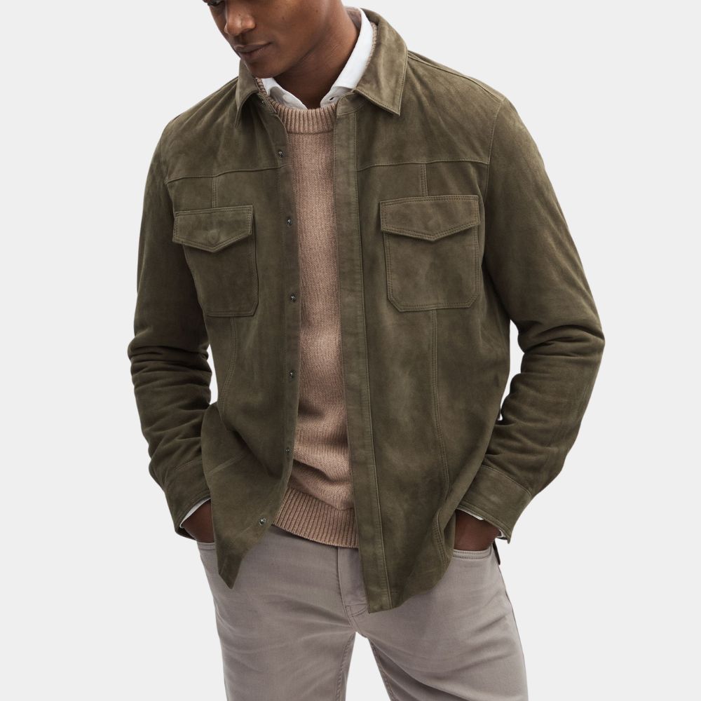 Relay Sam Worthington Suede Leather Jacket in Olive Green Color - Front View