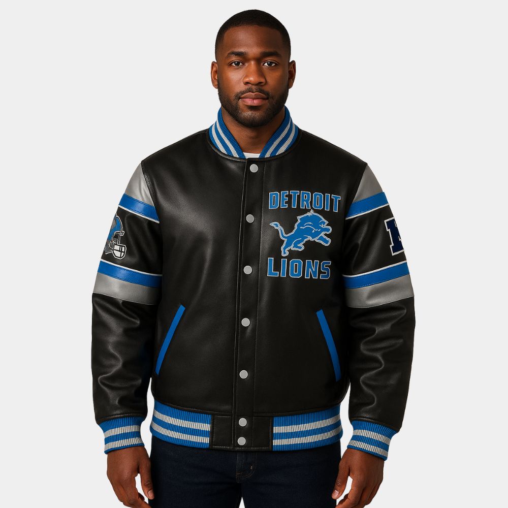 NFL Detroit Lions Black & Blue Varsity Jacket - Front View