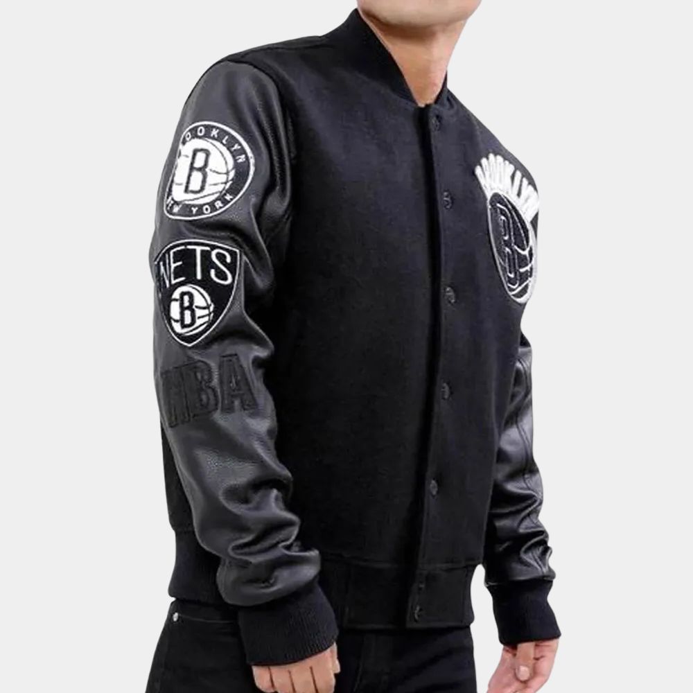 Brooklyn Nets Basketball Black Varsity Jacket - Front View