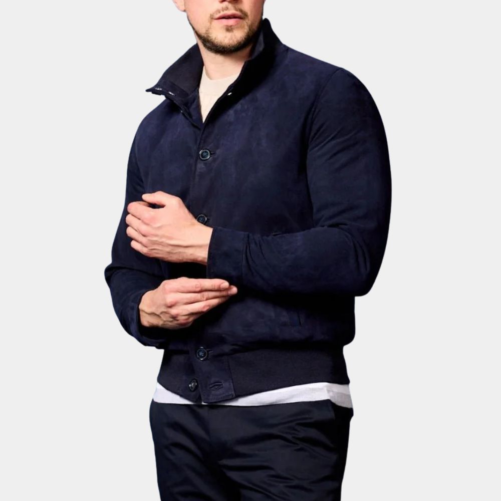 Colin Farrell Blue Jacket from A Big Bold Beautiful Journey | David Suede Leather Bomber Jacket - Front View