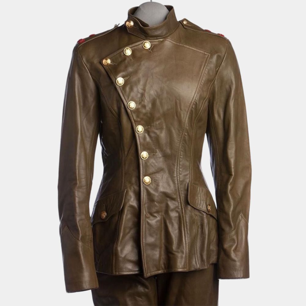 Famke Janssen GoldenEye Xenia Onatopp Military Uniform Brown Leather Jacket - Front View