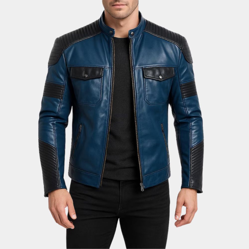 The Movie Jace Norman Blue and Black Leather Jacket - Front View