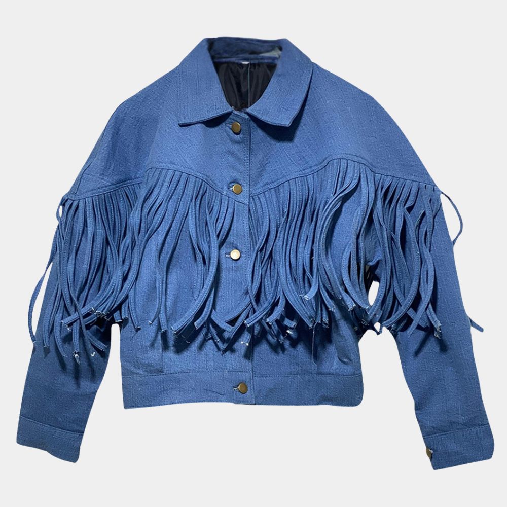 Landman Michelle Blue Denim Fringe Jacket - Front View