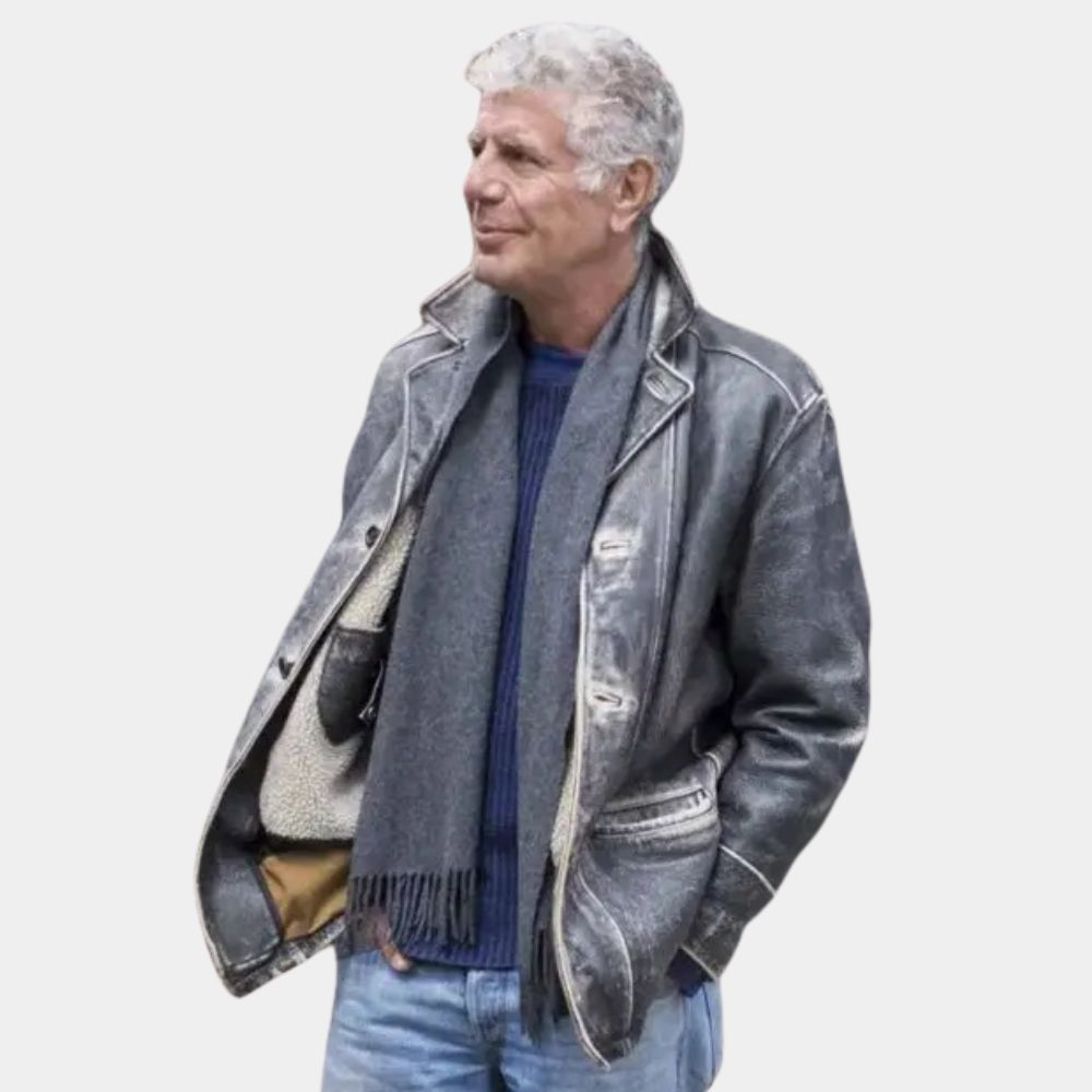 Anthony Bourdain Leather Jacket - Front Open with Sherpa Lining