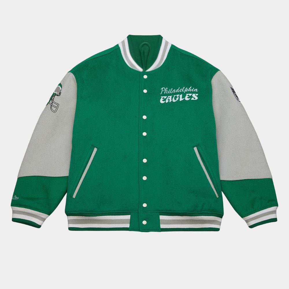 Princess Diana Philadelphia Eagles Green And Grey Varsity Jacket - Front View