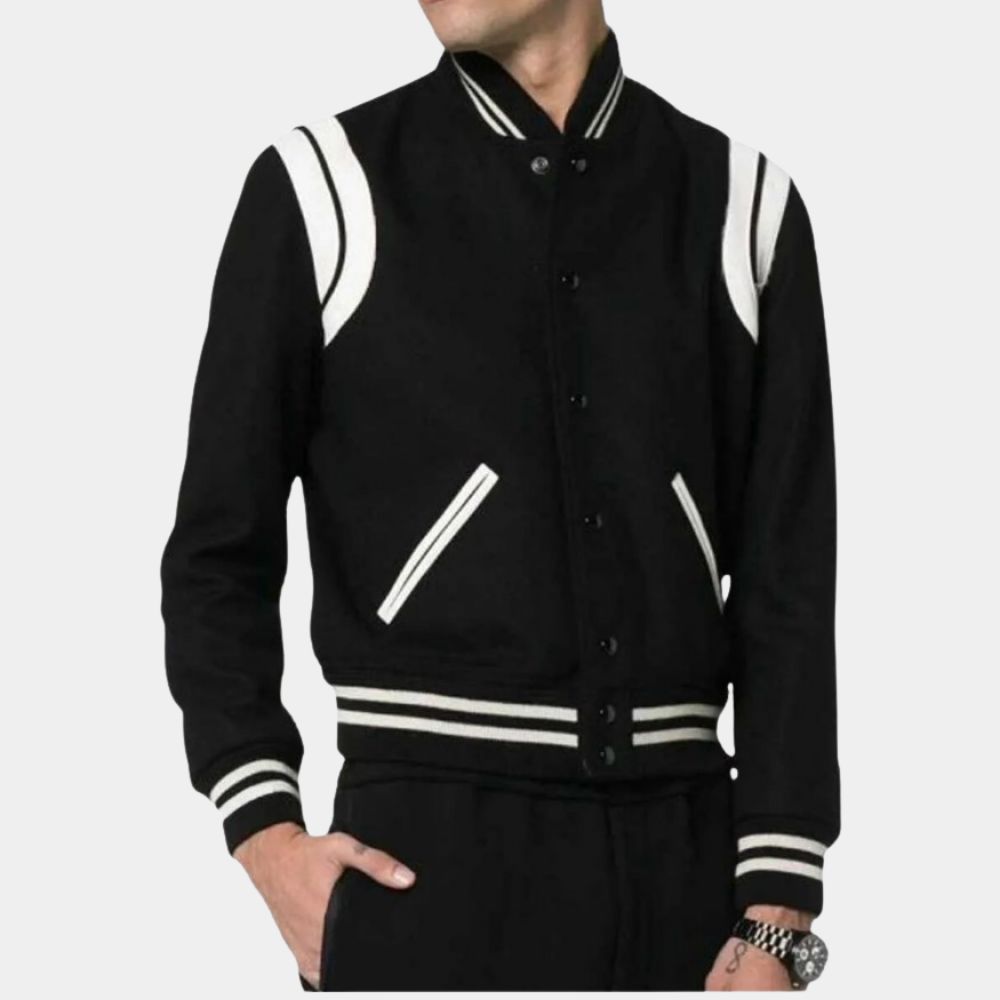Saint Laurent SLP Teddy Black And White Varsity Jacket - Front View