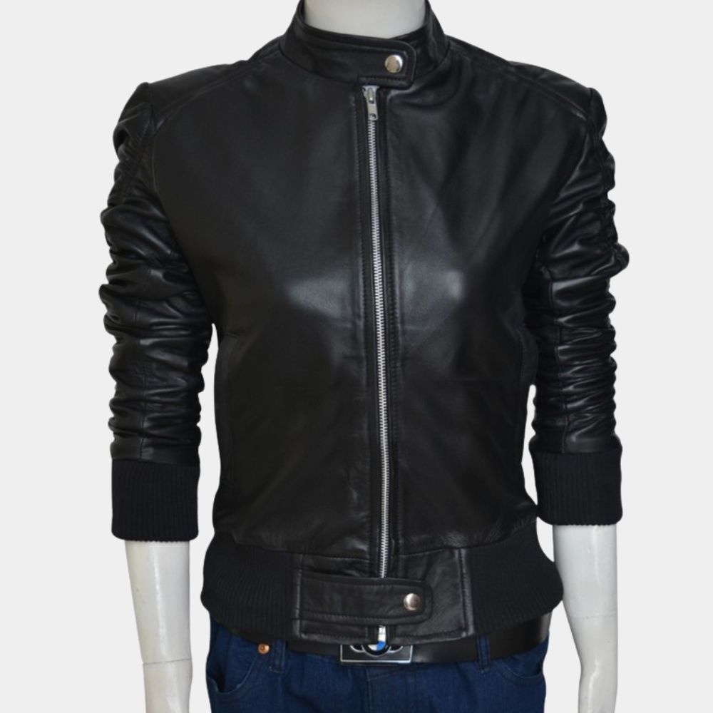 The Vampire Diaries Elena Gilbert Black Leather Jacket - Front View