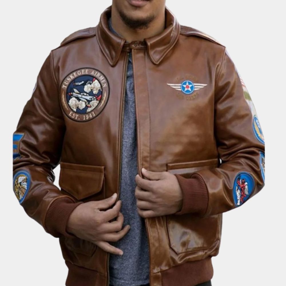 Tuskegee Airmen Tan Leather Bomber Jacket - Front View
