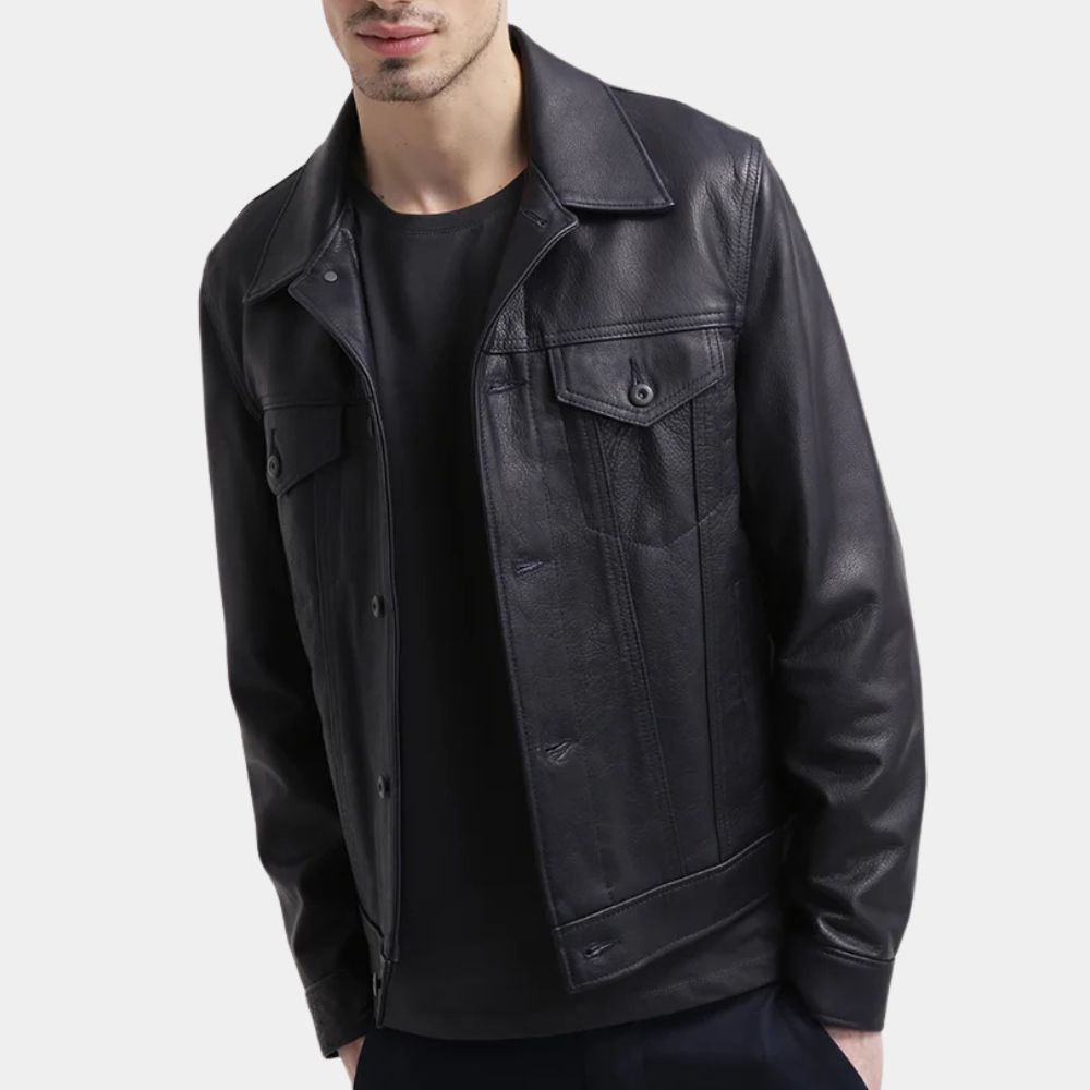 Uncharted Nathan Drake aka Tom Holland Black Leather Jacket - Front View