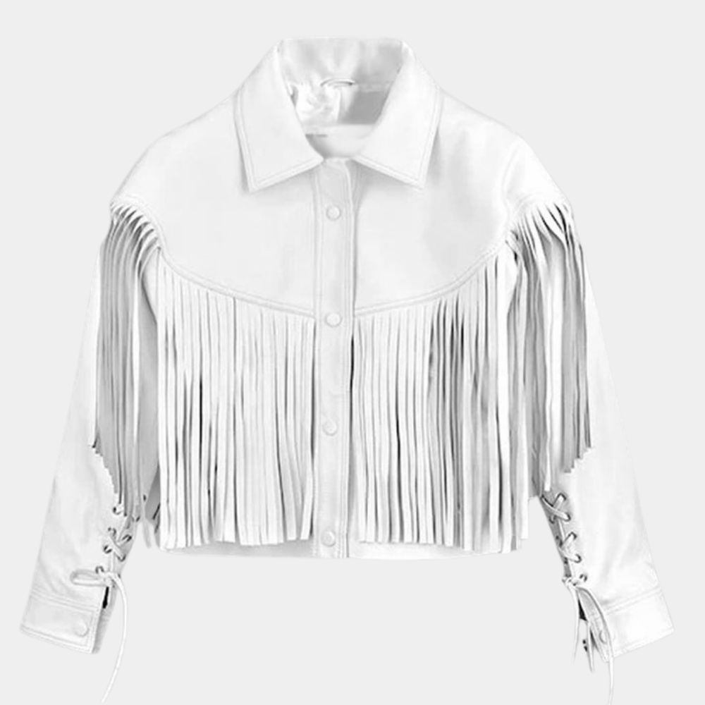 Mia Sara Ferris Bueller’s Day Off Sloane Peterson White Fringe Leather Jacket - Front View
