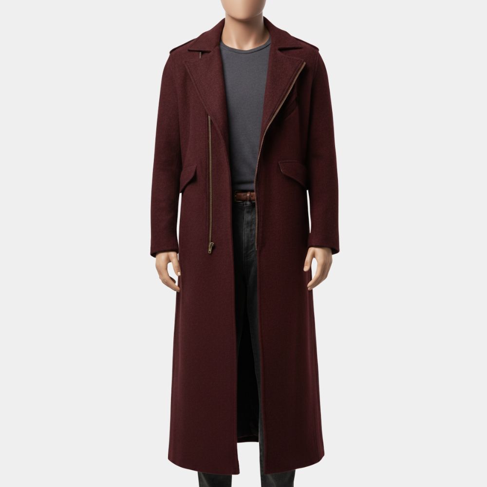 Play Dirty 2025 LaKeith Stanfield (Grofield) Maroon Wool Trench Coat - Front View
