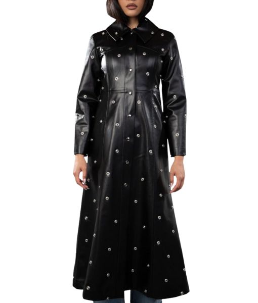 Selena Gomez Studded Black Leather Coat