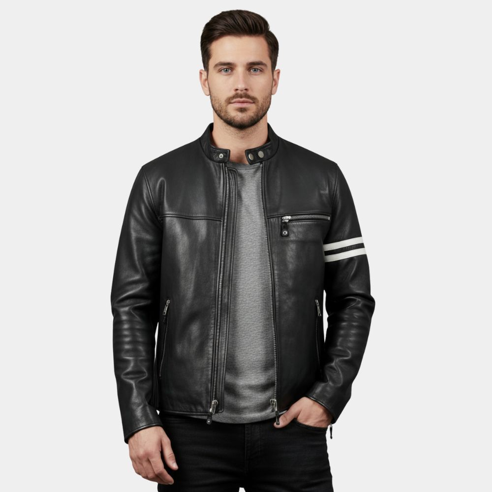 Spinal Tap 2 Christopher Guest Black Cafe Racer Leather Jacket - Front View