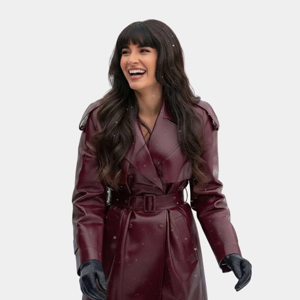 A Merry Little Ex-Mas 2025 Jameela Jamil Trench Leather Burgundy Coat - Front View