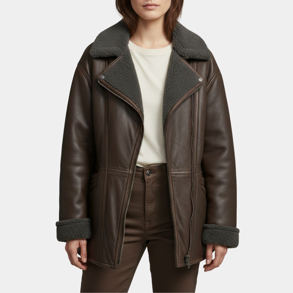 Ella McCay Shearling Leather Jacket - Front View