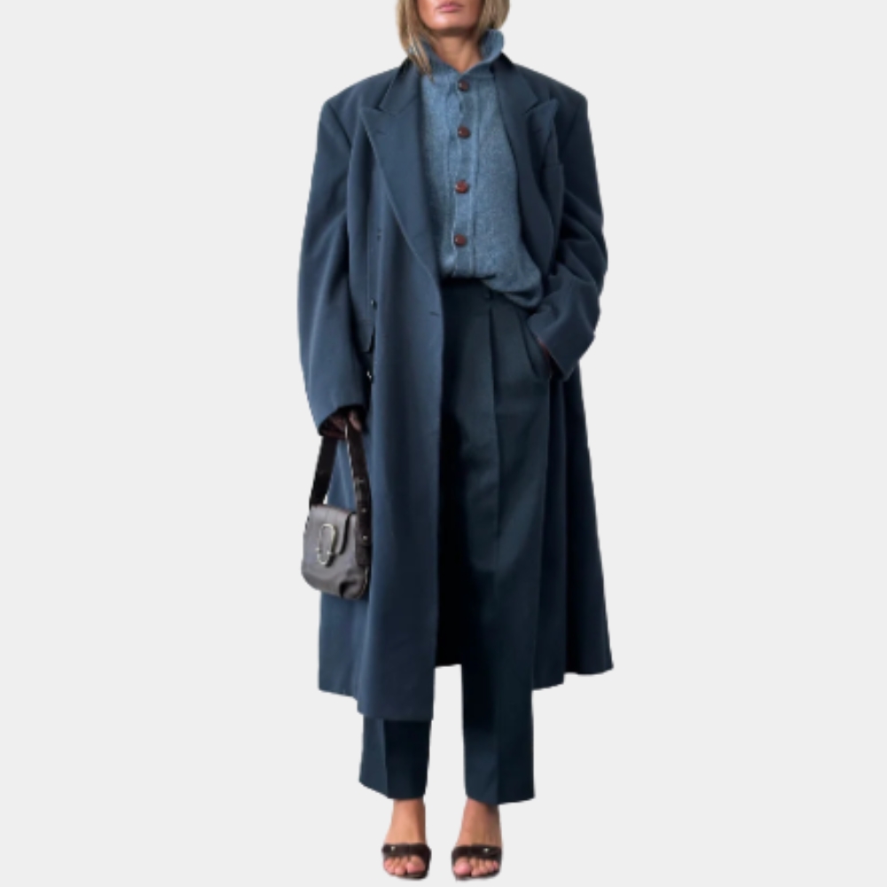 Ingrid Greene Run Away 2026 Minnie Driver Blue Wool Trench Coat