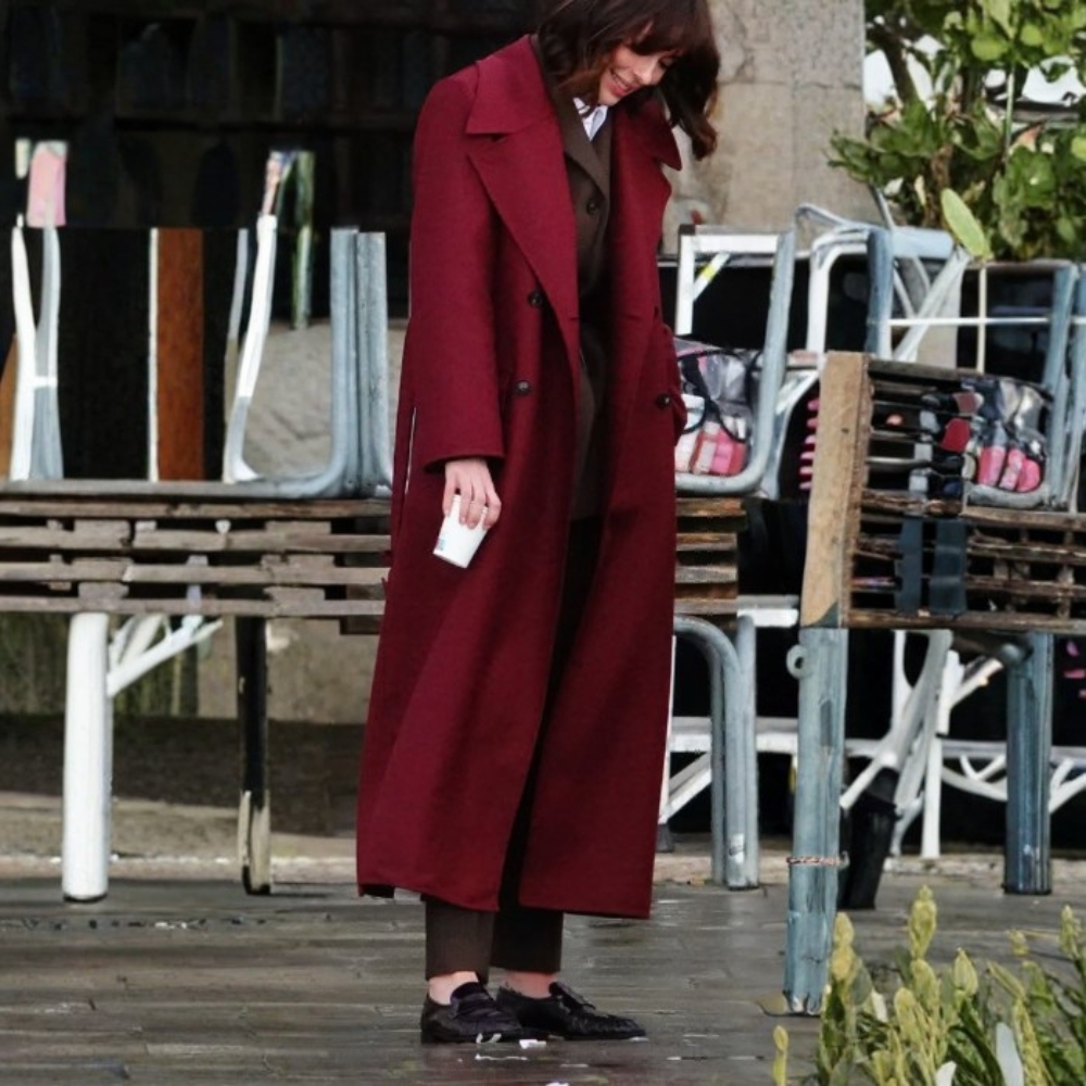 The Beauty Rebecca Hall Maroon Wool Trench Coat - Front View